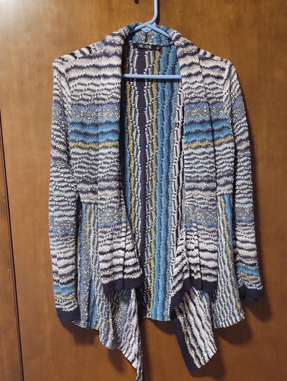 Nic & Zoe Open Knit Cardigan Turqouise Black Stripe M